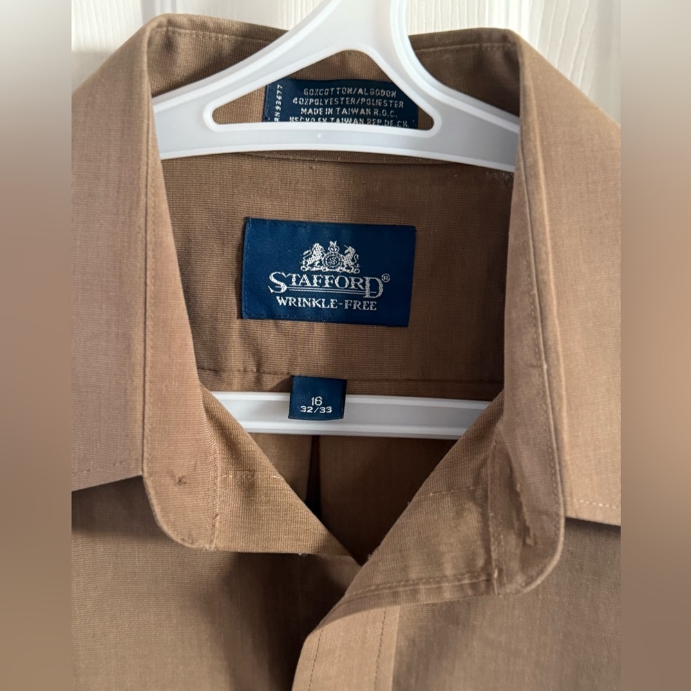 Men’s Stafford Wrinkle-Free Shirt Tan‎ Long-sleeve Size 16 32/33 - Picture 4 of 8